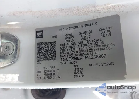 2021 Chevrolet Colorado 2Wd Short Box Wt z USA, uszkodzony, nr VIN 1GCGSBEA1M1268867